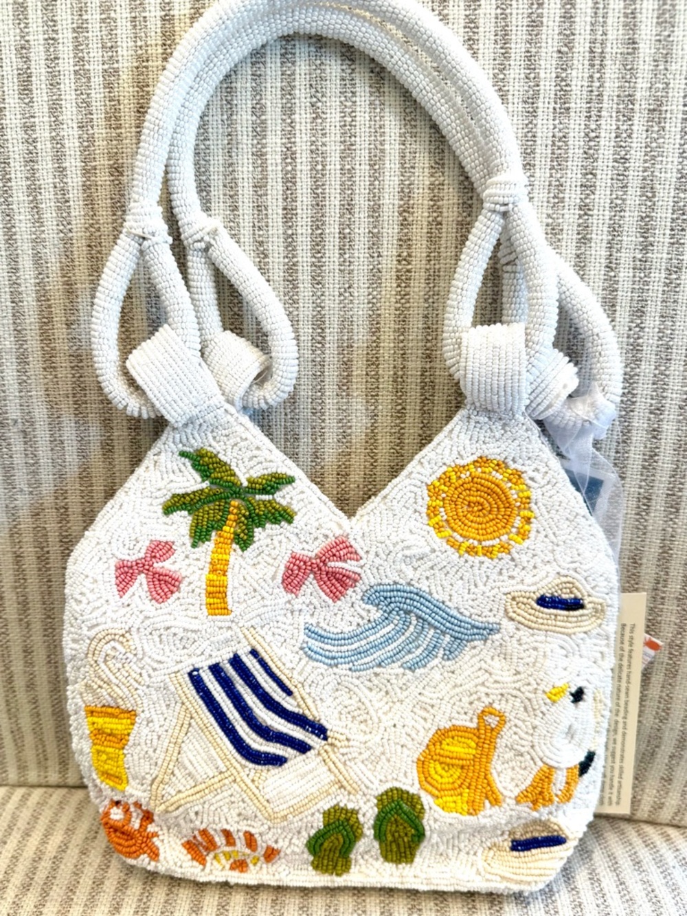 T.J.Maxx White Beaded Tote with Colorful Beach Motifs
